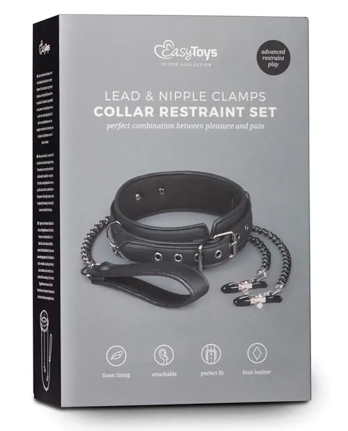 Couples Easy Toys Faux Leather Collar wNipple Chains Black Easy Toys