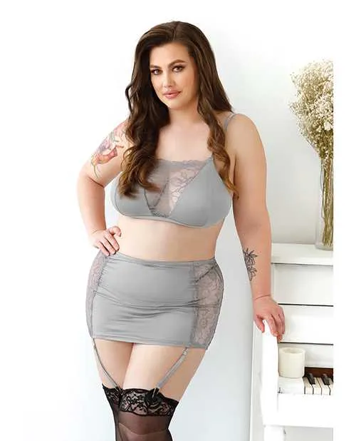 Curve By Fantasy Lingerie Vibrators Curve Layne Lace Microfiber Bralette wGarter Skirt GString Gray 1X2X Curve By Fantasy Lingerie Vibrators Curve Layne Lace Microfiber Bralette wGarter Skirt GString Gray 1X2X