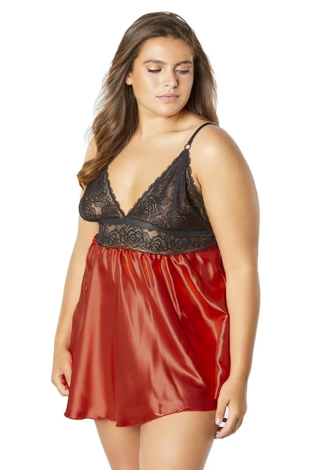 Oh L L Chri Anal Lace Cup Satin Empire Body Babydoll With Contrast Color Piping GString Blackred 3x4x